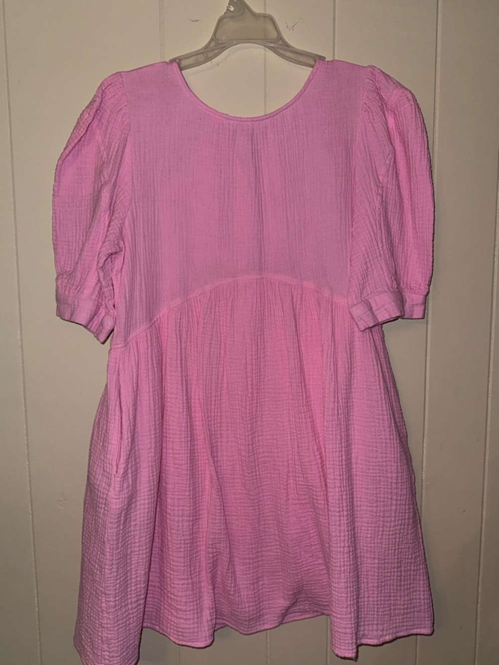 Girls' Pink Textured Puff-Sleeve Dress